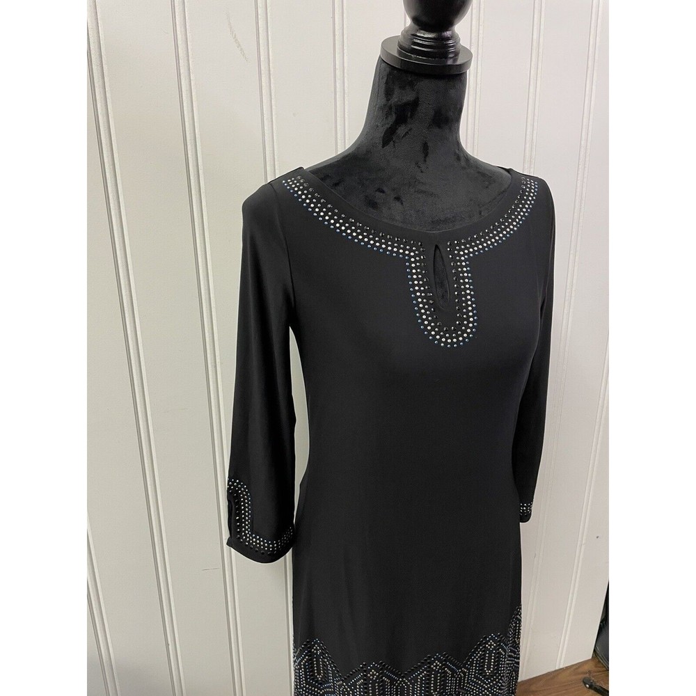 White House Black Market Black Blue Silver Rhinestones Keyhole Neck Size XS - Picture 2 of 14